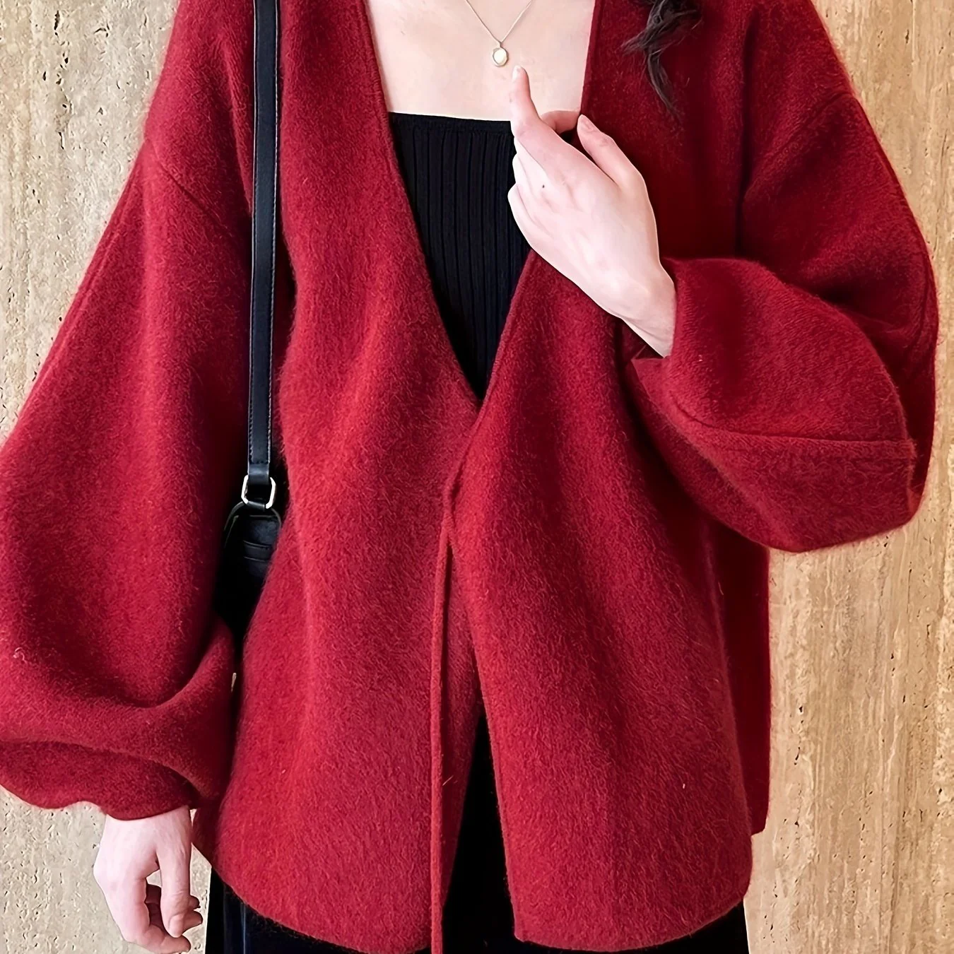 deanwangkt  Solid Tie Front V-neck Coat, Elegant Lantern Sleeve Drop Shoulder Loose Outwear, Women's Clothing - Deanwangkt