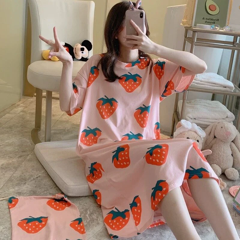 deanwangkt  Women Short Sleeve Sleepwear Cotton Night Gowns Summer Cartoon Nightgowns Home Wear Girls Sleep Lounge Sleeping Dress - Deanwangkt