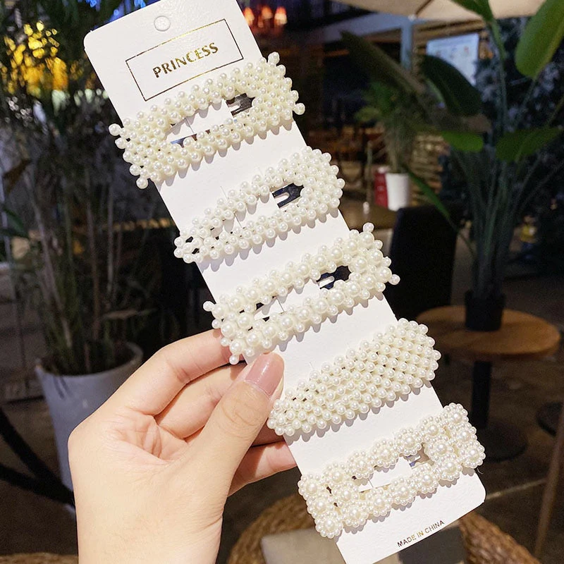 3/4/5pcs/Set Women Girls Elegant Full Pearls Geometric Hair Clips Sweet Hair Ornament Hairpin Barrette Headband Hair Accessories - Deanwangkt