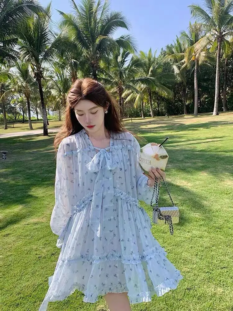 deanwangkt Fairycore Cute Floral Blue Lolita Dress Women Kawaii Japanese Style Sweet Ruffles Long Puff Sleeve Mini Dresses Autumn - Deanwangkt