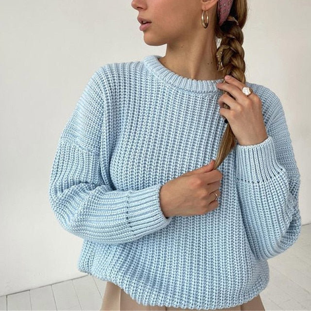 deanwangkt Women Solid Knitted Thickening Oversized Sweater Female Round Neck Long Sleeve Casual Loose Pullovers Top  Autumn Winter - Deanwangkt