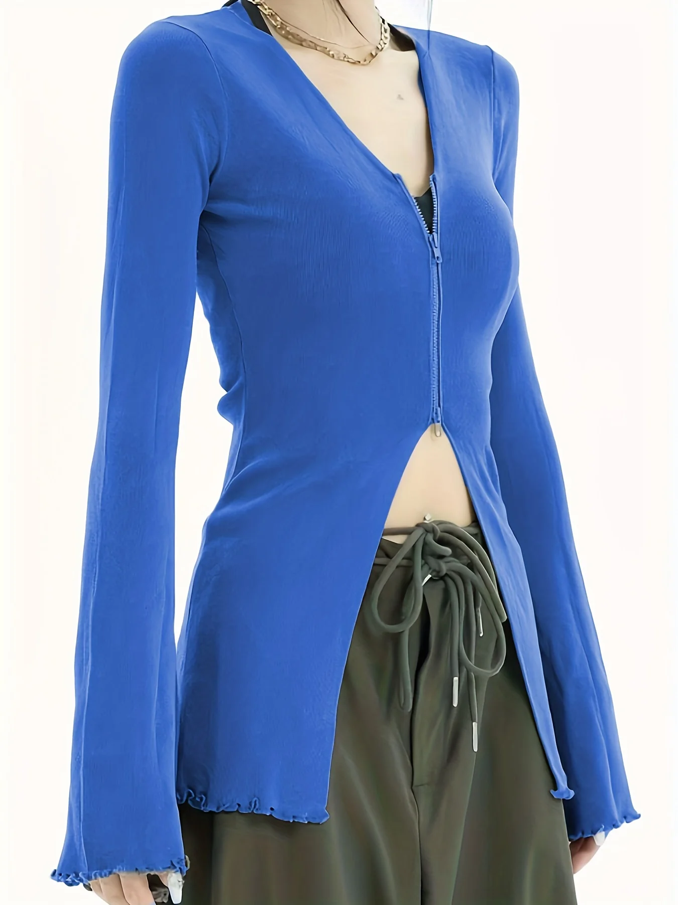 Solid V-neck Zipper Long Sleeve T-shirt, Elegant Autumn & Winter Comfy T-shirt, Women's Clothing - Deanwangkt