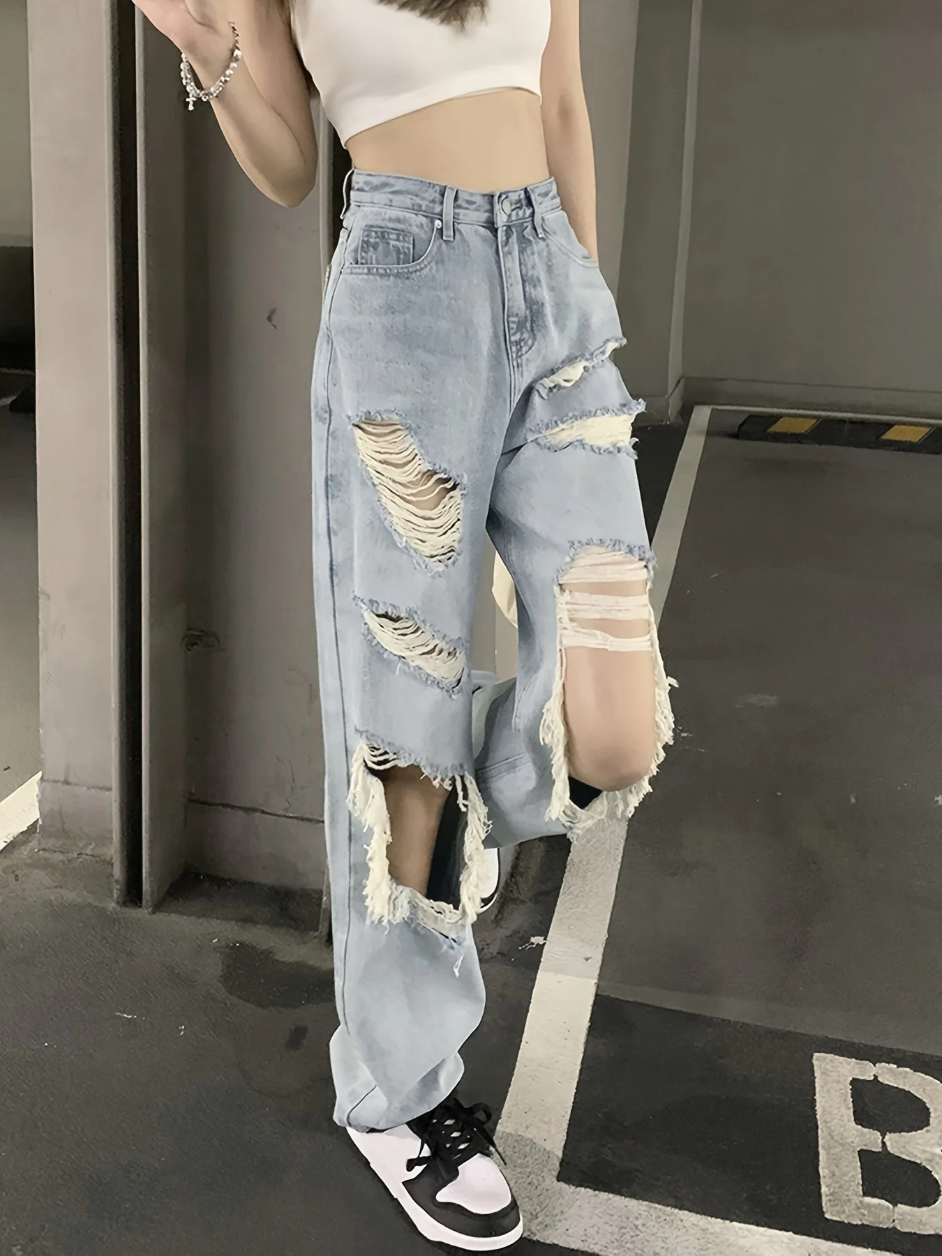 deanwangkt  High Waist Ripped Wide Leg Jeans, Y2k Distressed Washed Straight Leg Denim Pants, Women's Denim Jeans & Clothing - Deanwangkt