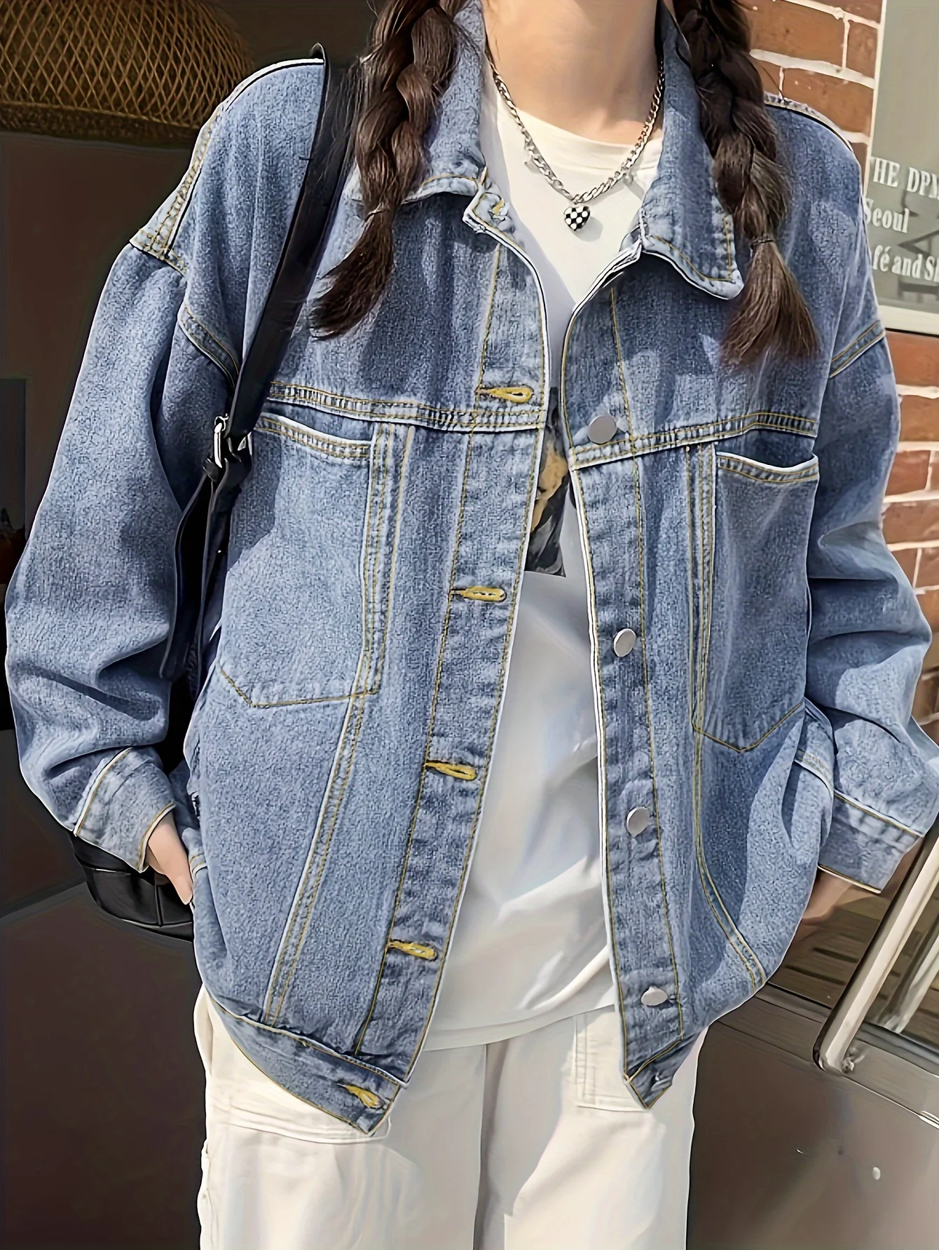 deanwangkt-1  Plain Loose Fit Denim Jackets, Patch Pockets Long Sleeves Lapel Versatile Denim Coats, Women's Denim Clothing - Deanwangkt