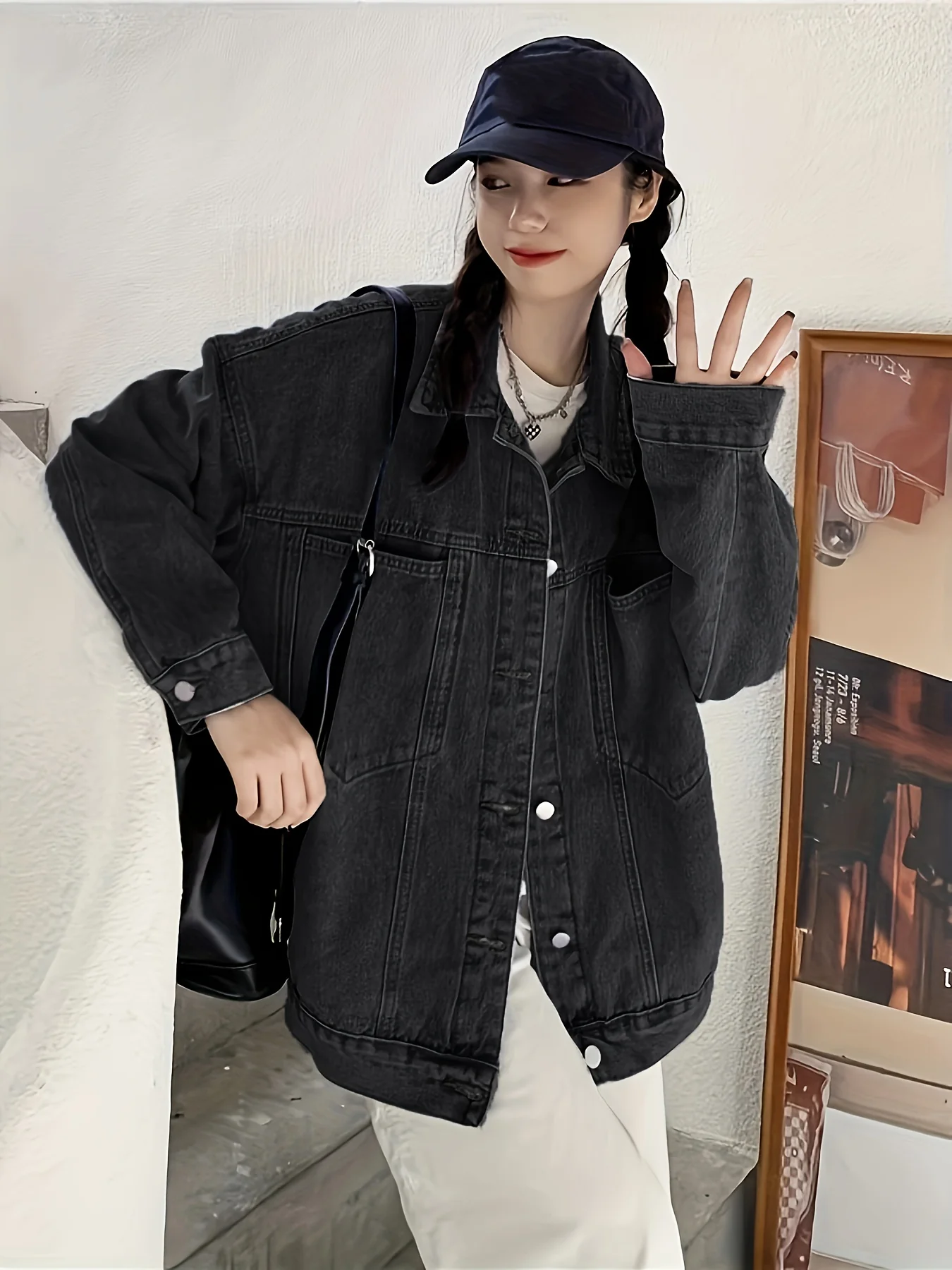 deanwangkt-1  Plain Loose Fit Denim Jackets, Patch Pockets Long Sleeves Lapel Versatile Denim Coats, Women's Denim Clothing - Deanwangkt