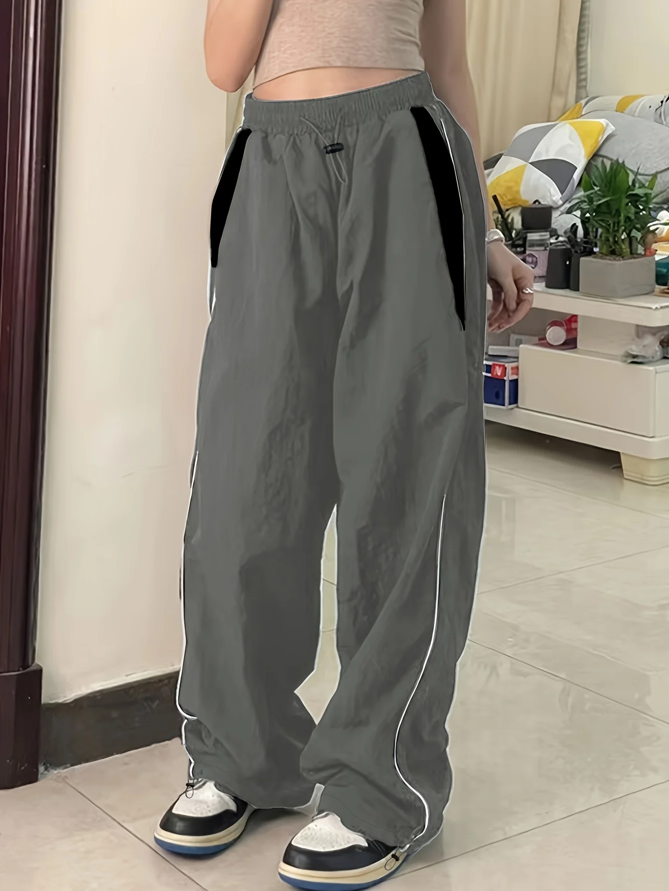 Color Block Cargo Pants, Y2K Drawstring Elastic Waist Wide Leg Pants, Women's Clothing - Deanwangkt