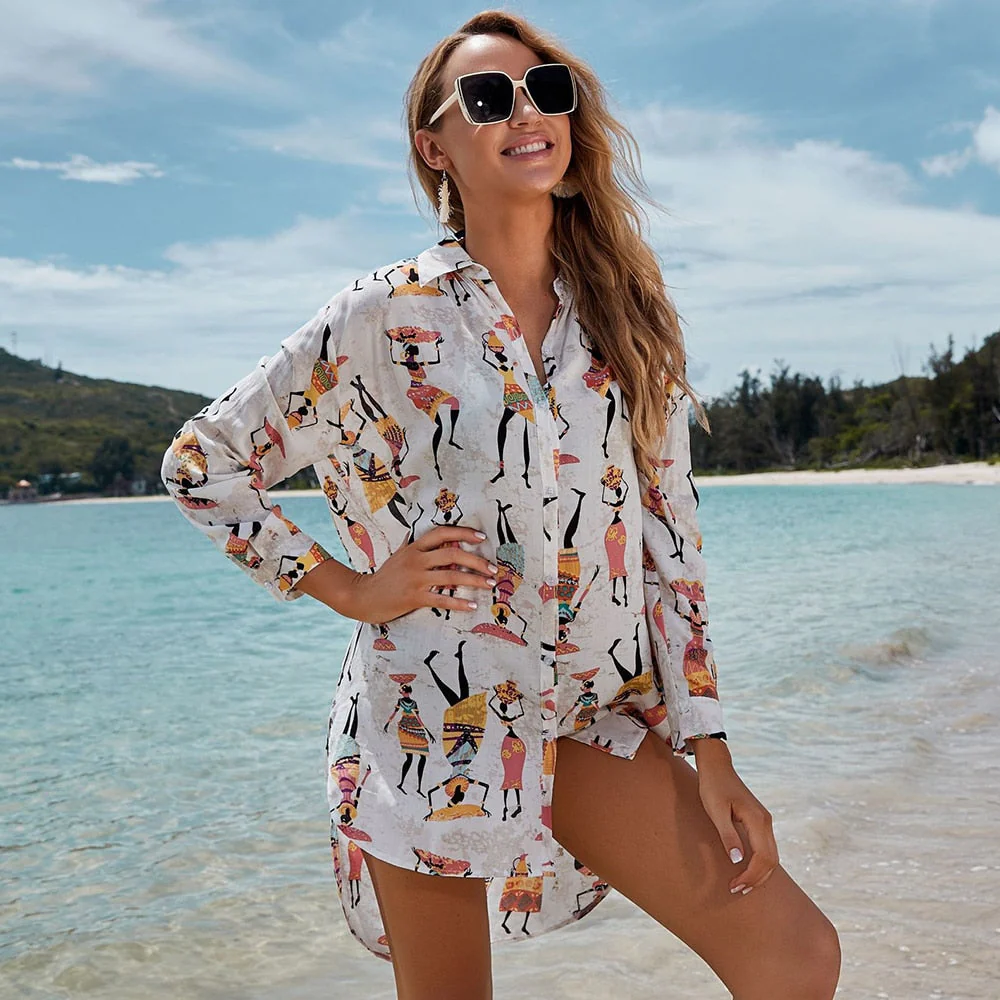New Beach Cover Up Print Bikini Cover Up Women Beach Cardigan Summer Beach Dress Ladies Tunics Swimsuit Cover Ups Beachwear - Deanwangkt