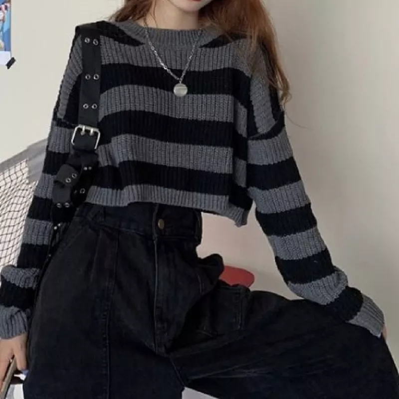 deanwangkt New Korean Style Striped Cropped Sweater Women Vintage Oversize Knit Jumper Female Autumn Long Sleeve O-neck Pullovers Tops - Deanwangkt