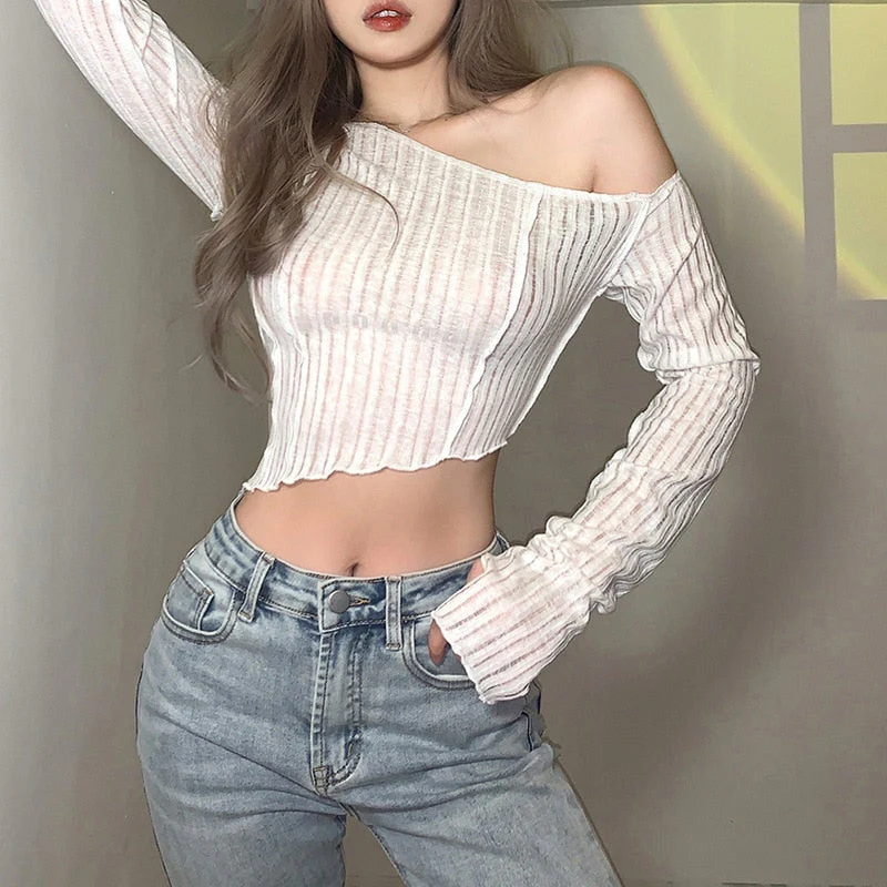 deanwangkt Y2k Women Casual Long Sleeve T-shirt Crop TopFashion Solid Color Oblique Shoulder Irregular Exposed Navel Tops Tee Streetwear - Deanwangkt