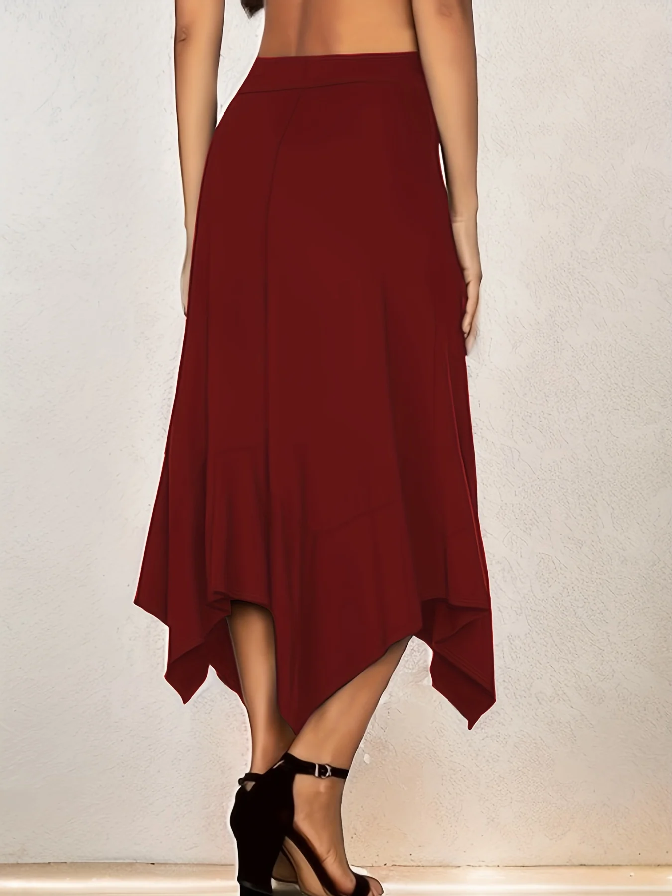 Plus Size Elegant Skirt, Women's Plus Solid High Rise Medium Stretch Asymmetric Hem Skirt - Deanwangkt