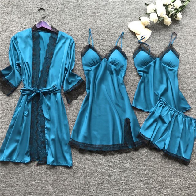 deanwangkt 4 Pieces  Women Pajamas Sets Satin Sleepwear Silk Nightwear Pyjama Soild Strap Lace Sleep Lounge Pijama With Chest Pads - Deanwangkt