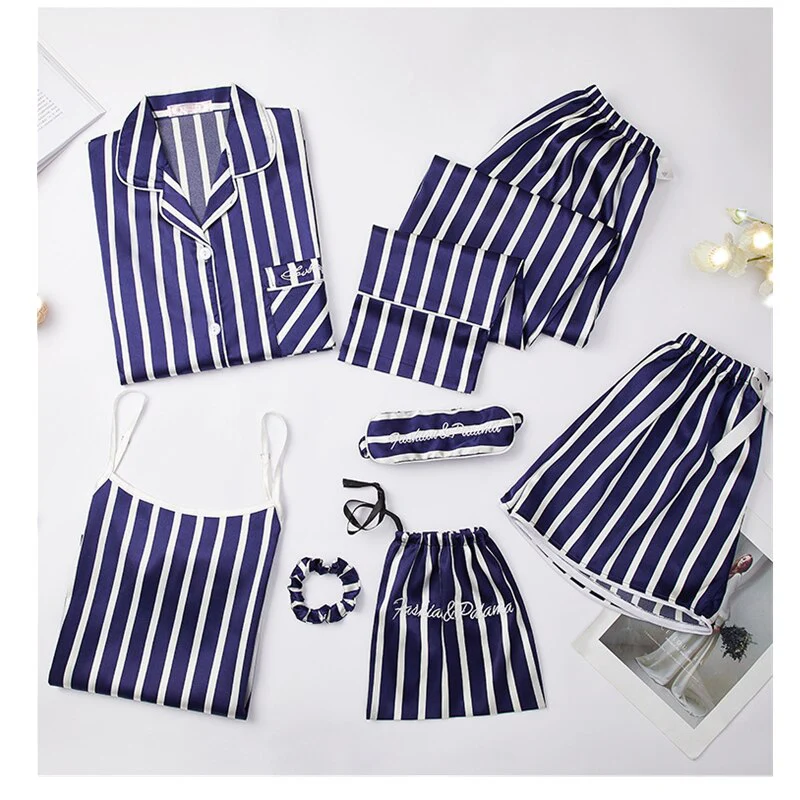 deanwangkt Pajamas Set Women Summer Sexy Flower Pyjamas Sexy Female Long Sleeve Shirt Pants Handwork Stitch Lingerie Striped Mom Sleepwear - Deanwangkt