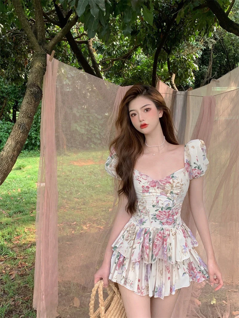 deanwangkt  Summer French Romantic Floral Mini Romper Square Collar Flowers Printed Chiffon Tiered Playsuit Cute Kawaii Feminine Romper  Fairy Dress - Deanwangkt
