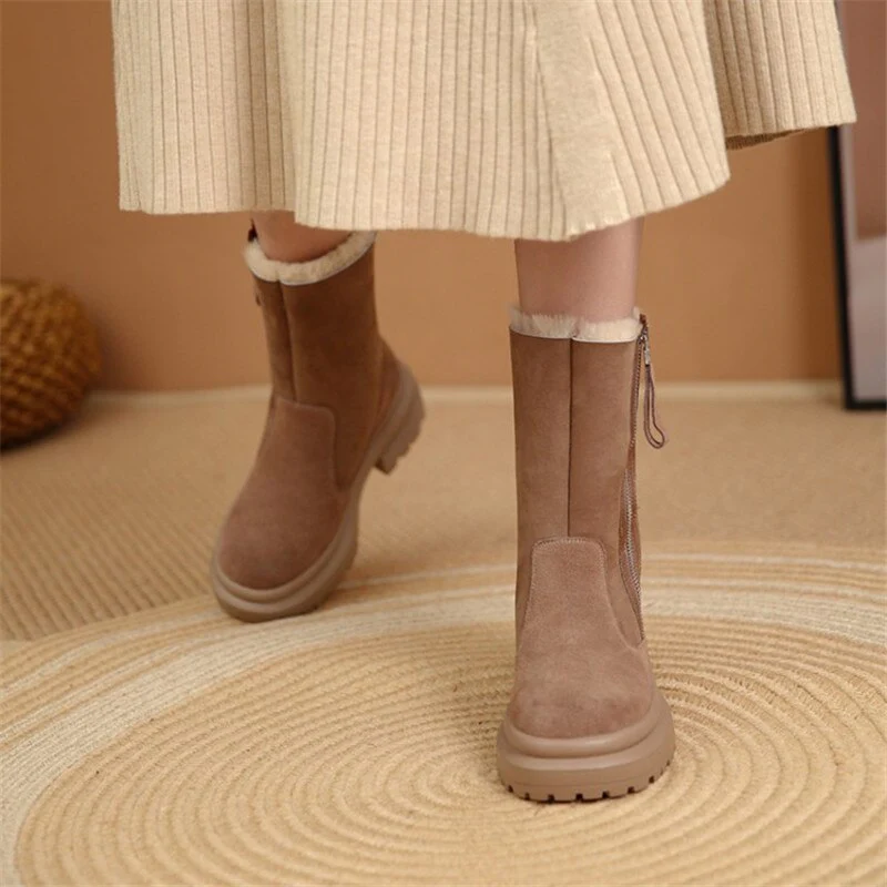 deanwangkt  fashion inspo    Fashion Women Shoes Winter Shoes Women Round Toe Chunky Boots Warm Women Boots Platform Boots for Women Split Leather Boots - Deanwangkt