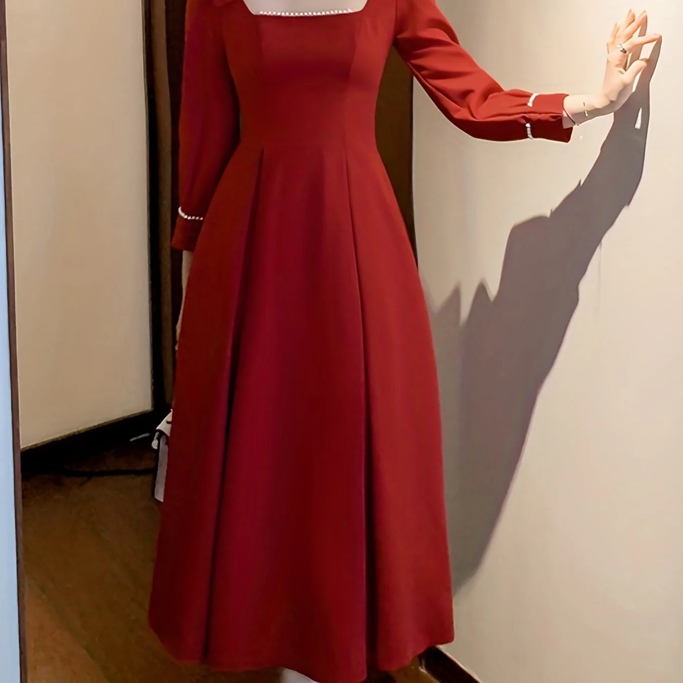 deanwangkt-1  Beaded Square Neck Dress, Elegant Bow Decor Aline Dress For Wedding Party, Women's Clothing - Deanwangkt