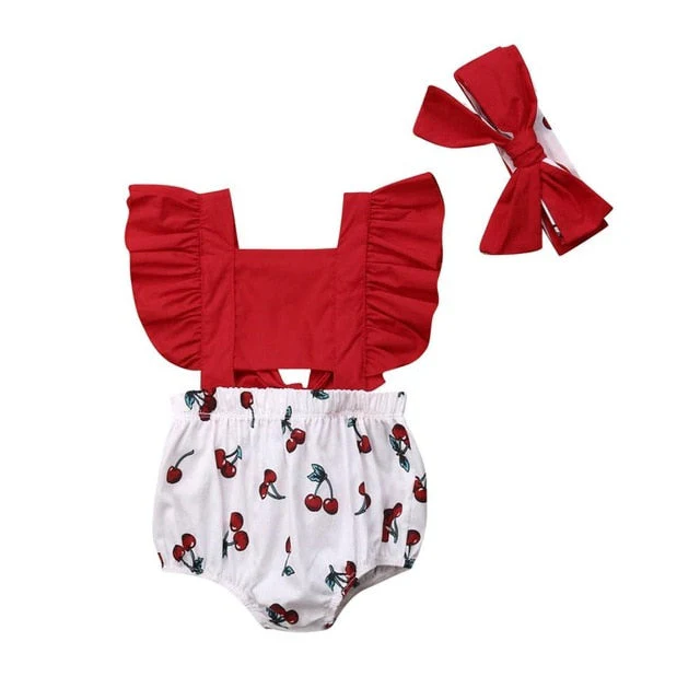 2Pcs Newborn Baby Girl Clothes Ruffle Backless Cherry Romper + Headband Outfit Baby Girl Summer Clothes - Deanwangkt
