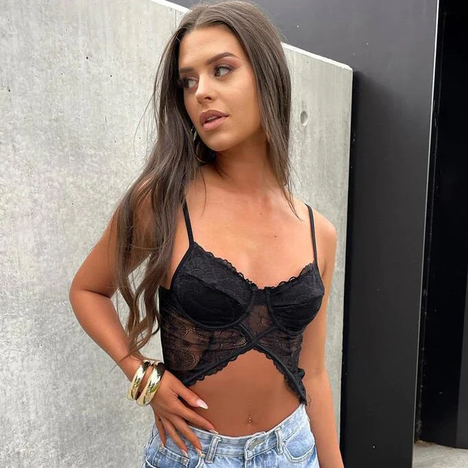 deanwangkt Y2K Lace Bandage Corset Top Aesthetic See Through Slim Crop Tops Backless Sexy Mini Camisole Women Party Beach Tee Top Vest - Deanwangkt