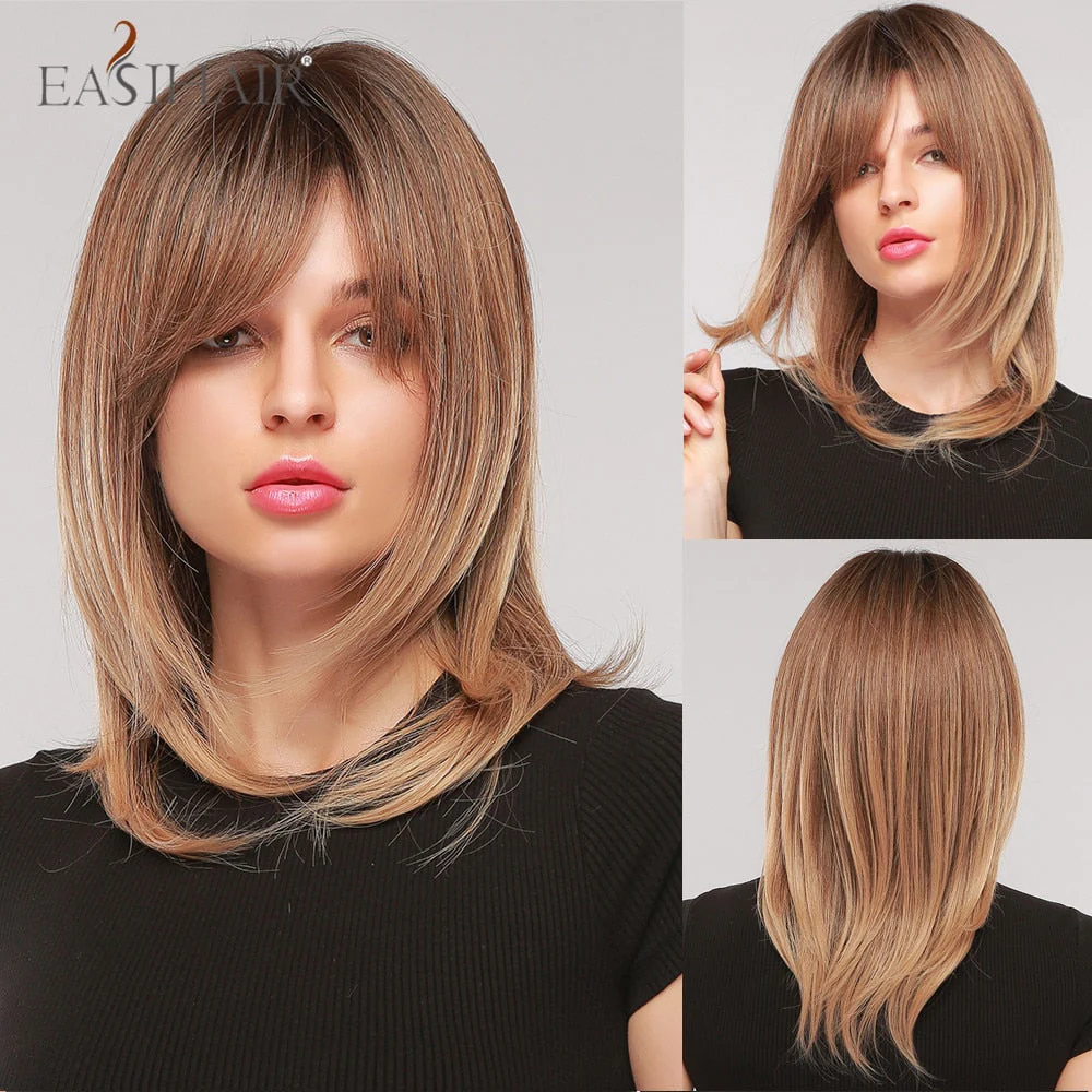 deanwangkt  Short Straight Bob Wigs With Bang Golden Brown Natural Synthetic Hair For Women Daily Cosplay Heat Resistant Fiber Wigs - Deanwangkt