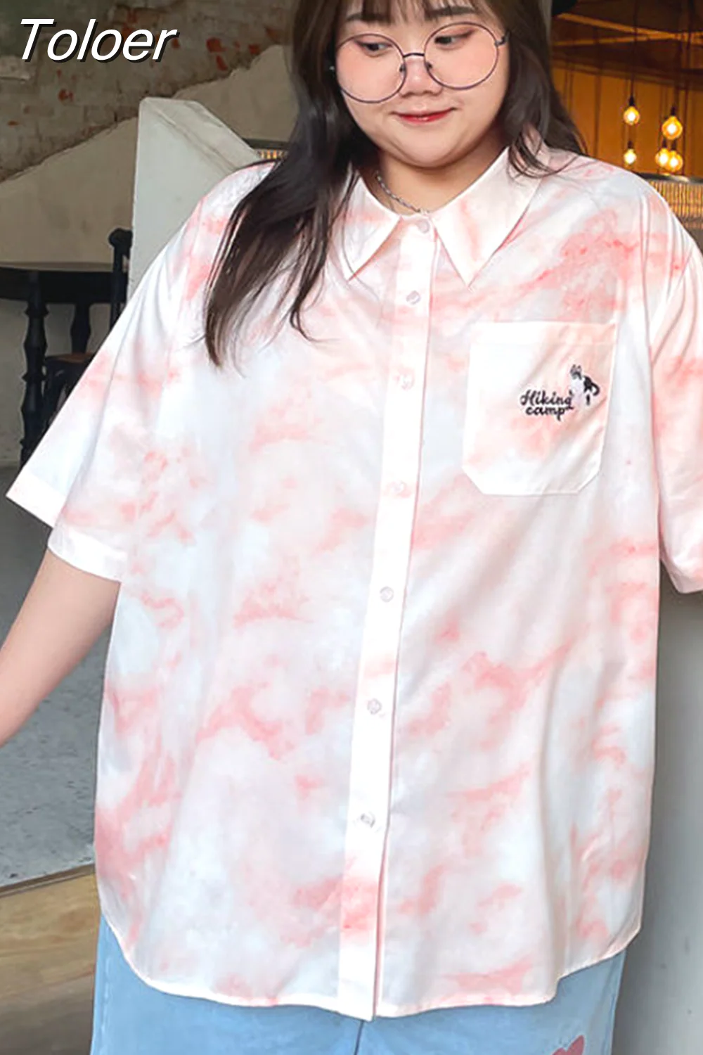 deanwangkt Women Plus Size Shirt Kawaii Print Cute Harajuku Polo Collar Blouses Oversize Korean Casual Pink Tops Unisex Clothes - Deanwangkt