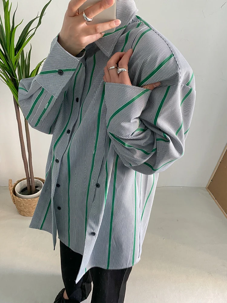 deanwangkt Women Green Striped Slit Big Size Blouse New Lapel Long Sleeve Loose Fit Shirt Fashion Tide Spring Autumn  1DF1473 - Deanwangkt