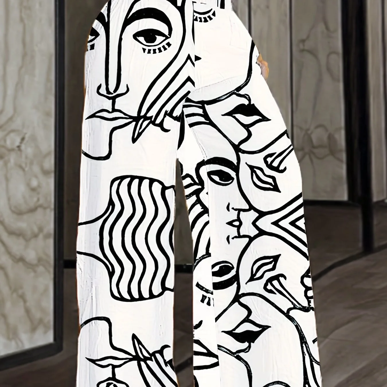 Plus Size Casual Pants, Women's Plus Abstract Figure Print High Waist Wide Leg Loose Pants - Deanwangkt