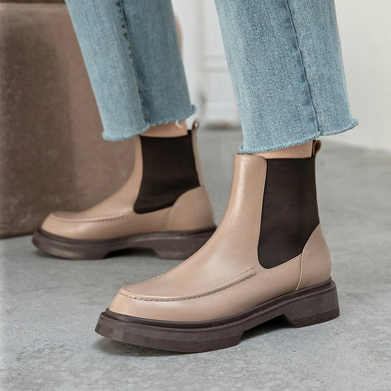 deanwangkt Autumn Shoes     Retro British Style Slip-On Chelsea Boots Genuine Leather Women's Boots Fashion Ankle Boots Round Toe Flat with Women Shoes - Deanwangkt