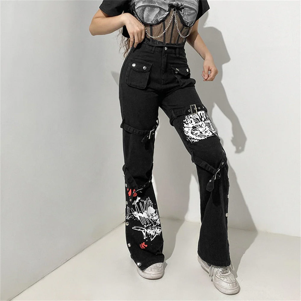 deanwangkt Gothic Emo Alt Cargo Pants Techwear Hip Hop Jeans Lazy Goth Punk Black Denim Trousers Streetwear Academic Low Waist Joggers Y2k - Deanwangkt