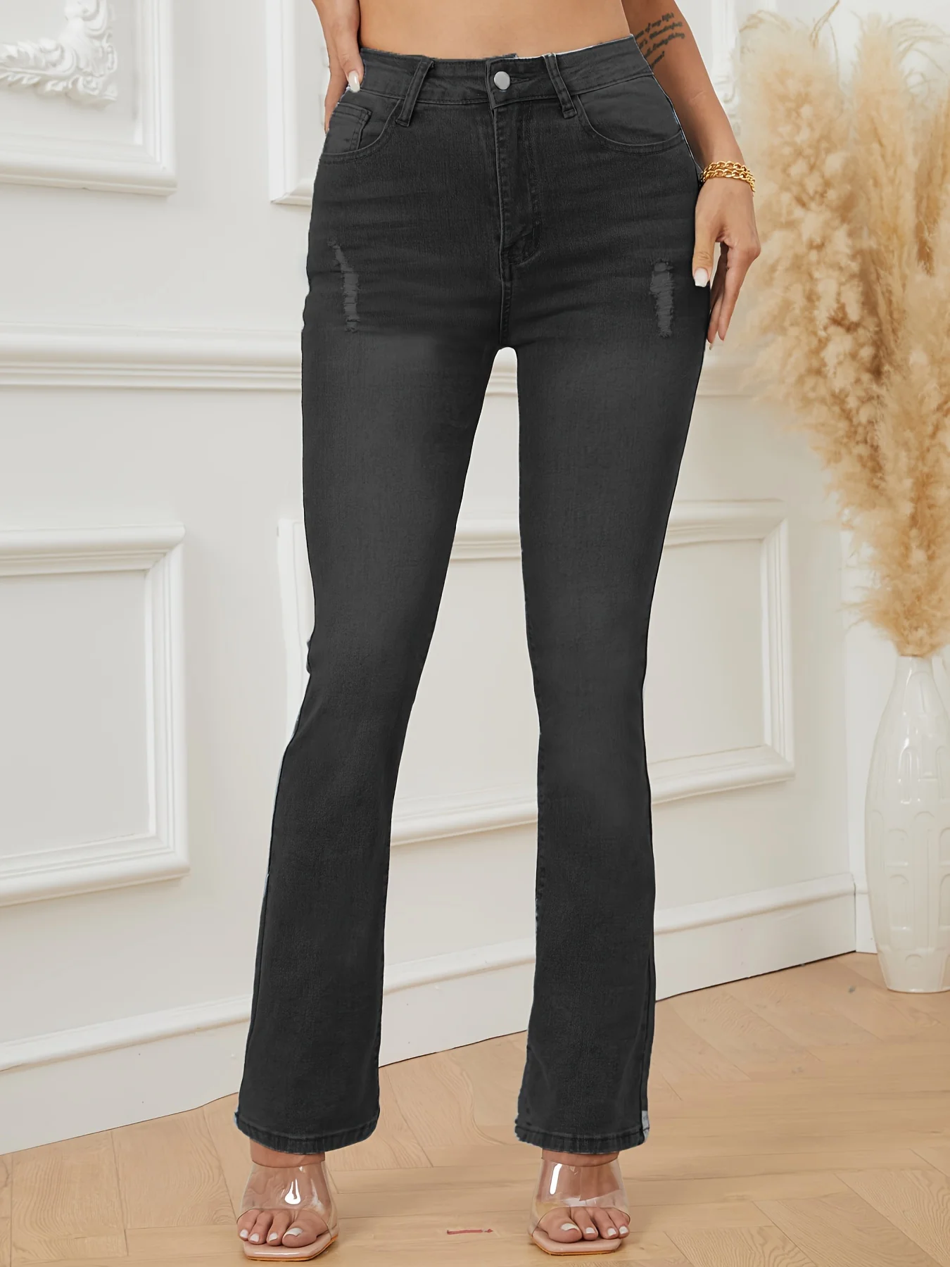 Plain Ripped Holes Bootcut Jeans, High-Stretch Slant Pockets Slim Fit Denim Pants, Women's Denim Jeans & Clothing - Deanwangkt