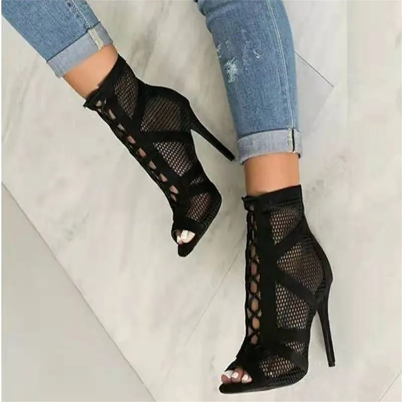 deanwangkt New Fashion Show Black Net Fabric Cross Strap Sexy High Heel Sandals Woman Shoes Pumps Lace-up Peep Toe Sandals Casual Mesh - Deanwangkt