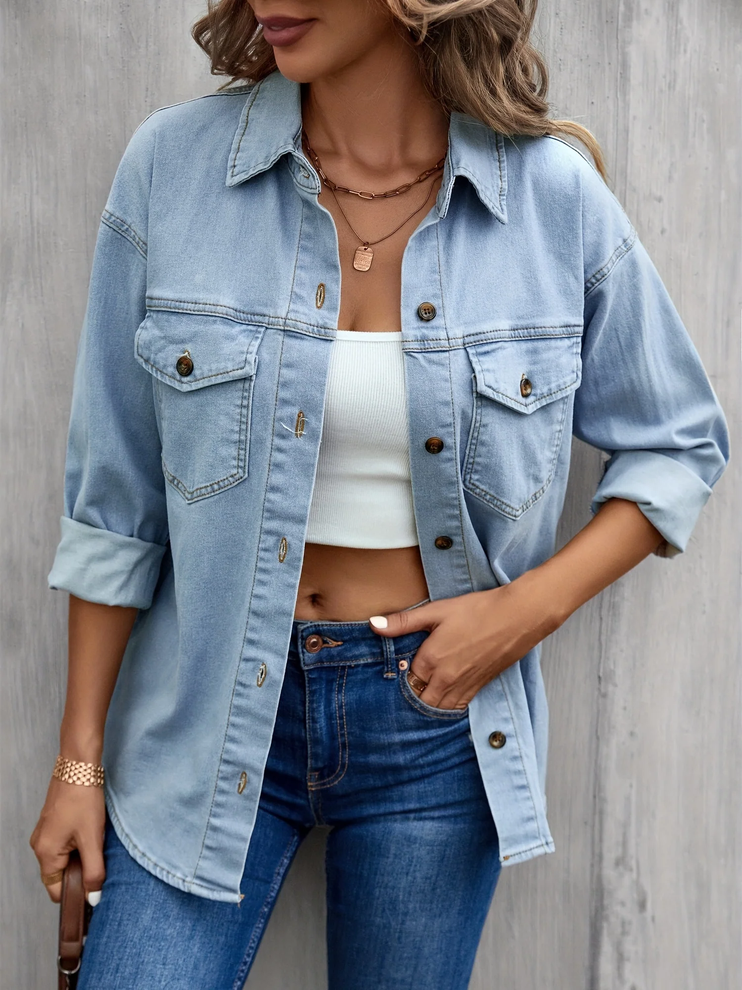 Blue Long Sleeves Denim Jackets, Flap Pockets Single-Breasted Button Lapel Denim Coats, Women's Denim Clothing - Deanwangkt