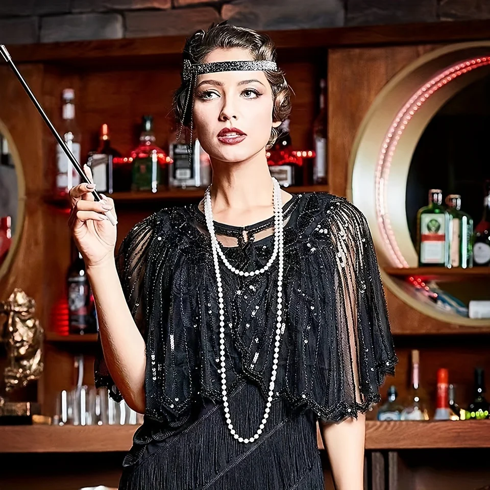 Vintage Punk Shawl Sequin Beaded Short Cape Elegant Mesh Breathable Short Wrap Women Dress Accessories - Deanwangkt