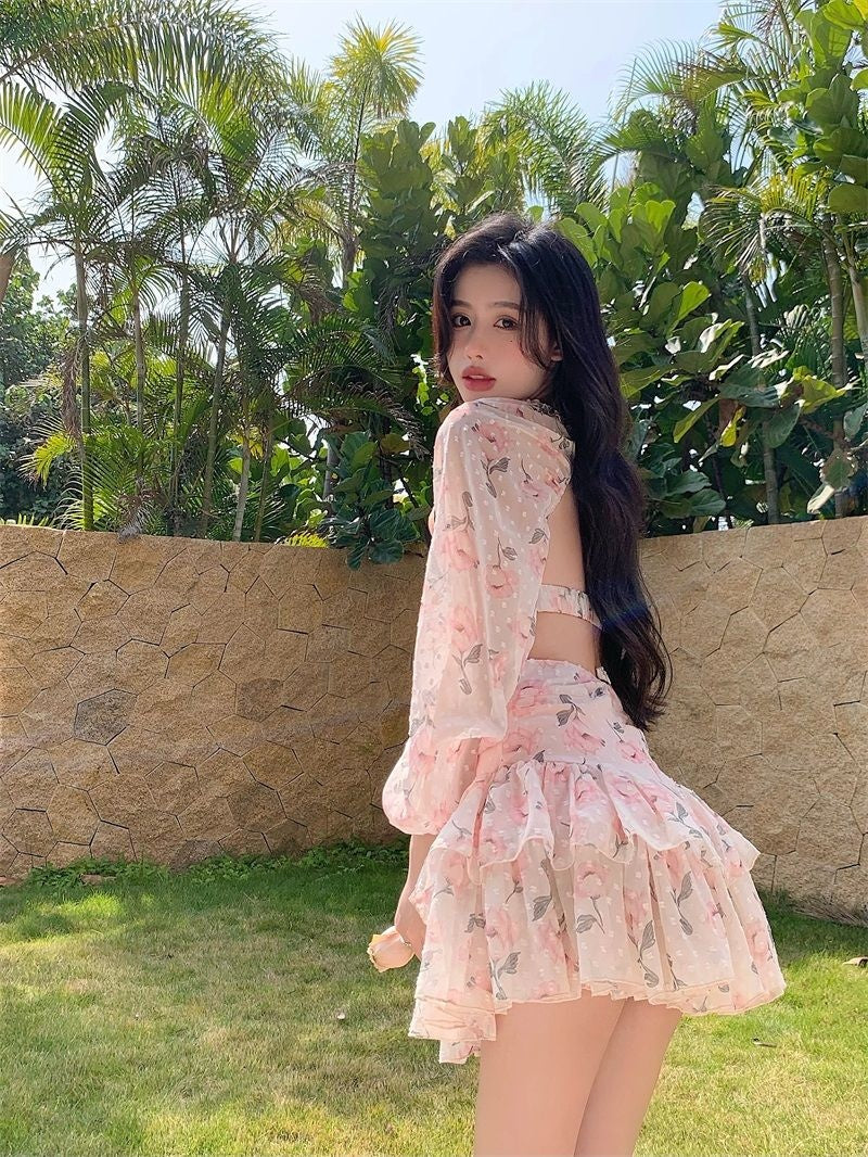 deanwangkt Spring Summer Sweet Two Piece Set Sexy Backless Shirt Crop Top + Cake Skirt Suits Floral Chiffon Boho Beach Outfits  Fairy Dress  For Women - Deanwangkt