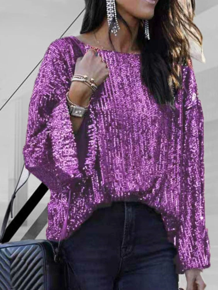 deanwangkt Spring Loose Round Neck Blouse Sequined Short Sleeve T-shirt Women's Blouse Ladies' Casual Sports T-shirt All Neon Store Clothes - Deanwangkt