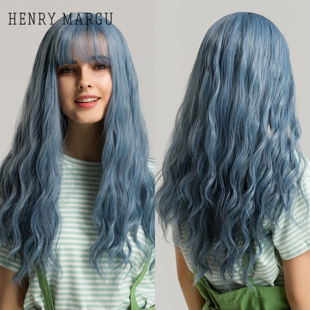 Pure Blonde Synthetic Hair Wigs Long Water Wave Wig for Women Colored Cosplay Lolita Wig with Bangs Heat Resistant - Deanwangkt
