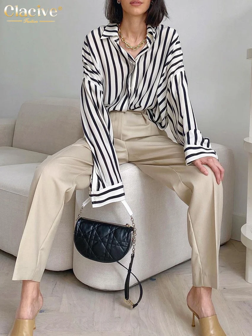 deanwangkt Fashion Woman Blouses  Autumn Casual Lapel Long Sleeve Stripe Print Shirts Lady Elegant Loose Office Female Clothing - Deanwangkt