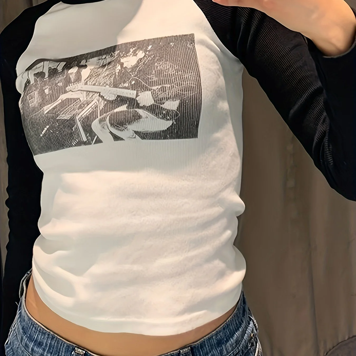 deanwangkt  Graphic Print Color Block T-shirt, Y2K Long Sleeve Crew Neck Top, Women's Clothing - Deanwangkt