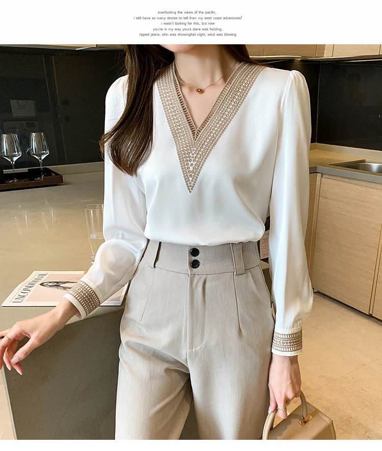 deanwangkt Summer Embroidery V-Neck Chiffon Blouse Shirt Women Long Sleeve Loose White Women Blouses Tops Blusas Mujer De Moda - Deanwangkt