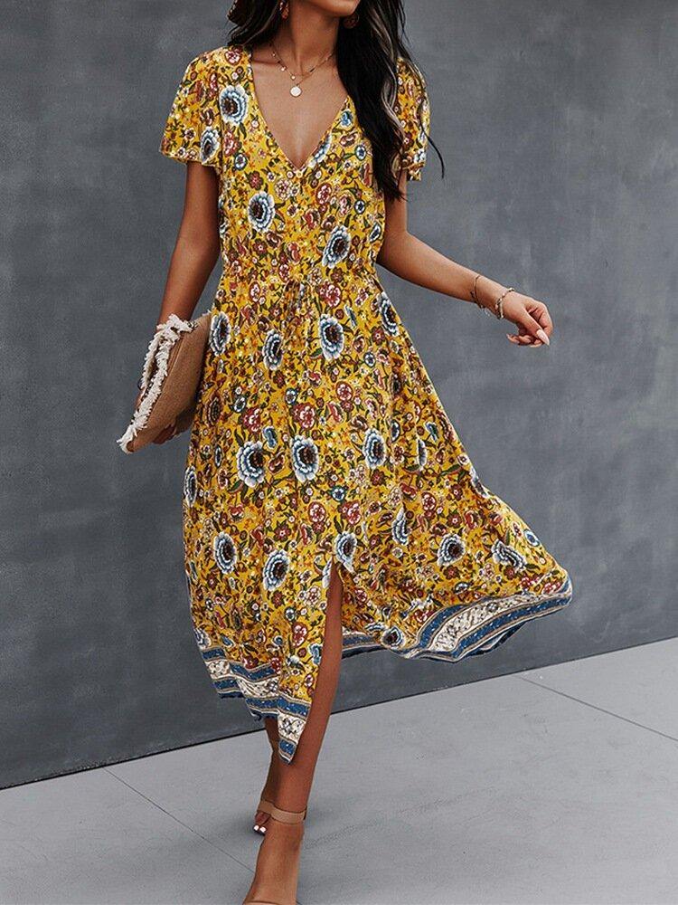 deanwangkt Flower Button Drawstring V-neck Short Sleeve Print Dress For Women - Deanwangkt