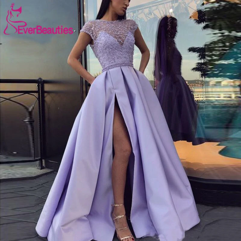 Prom Dresses  with High Slit Satin Lace Beaded Purple Vestidos De Gala Evening Party Dresses Prom Gown Robe De Soiree - Deanwangkt