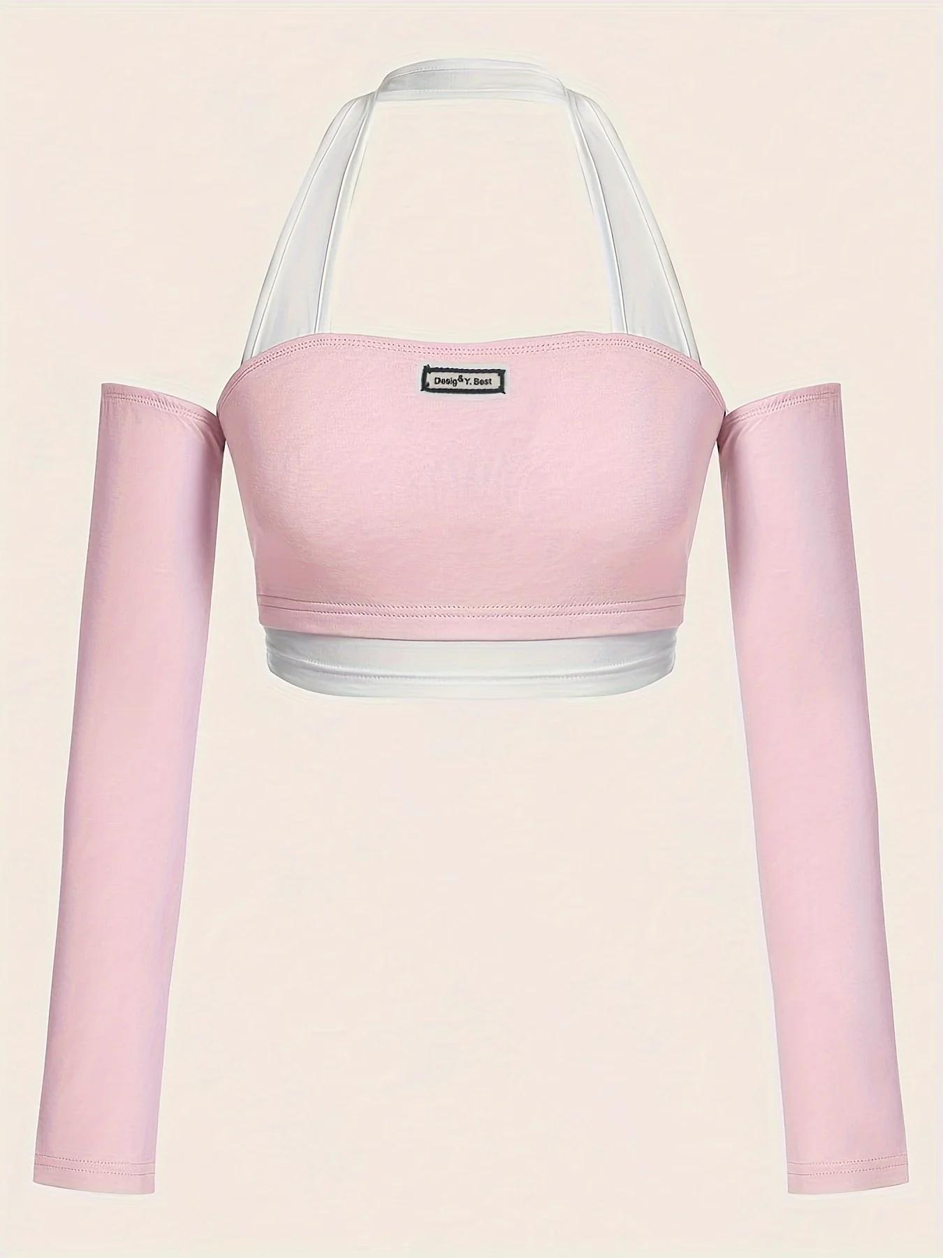 deanwangkt  Color Block Halter Neck T-Shirt, Casual Backless Long Sleeve Crop Top, Women's Clothing - Deanwangkt