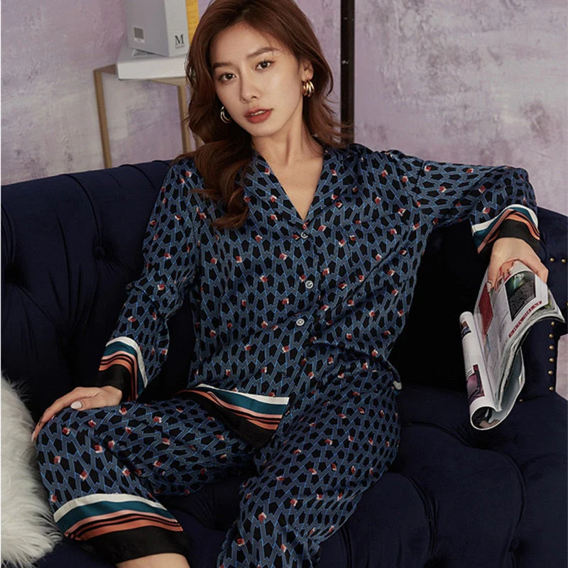 deanwangkt Women's Pajamas Set Luxury Style Flying Cranes Sleepwear Silk Like Nightie Leisure Home Clothes Nightwear Pyjamas Femme - Deanwangkt