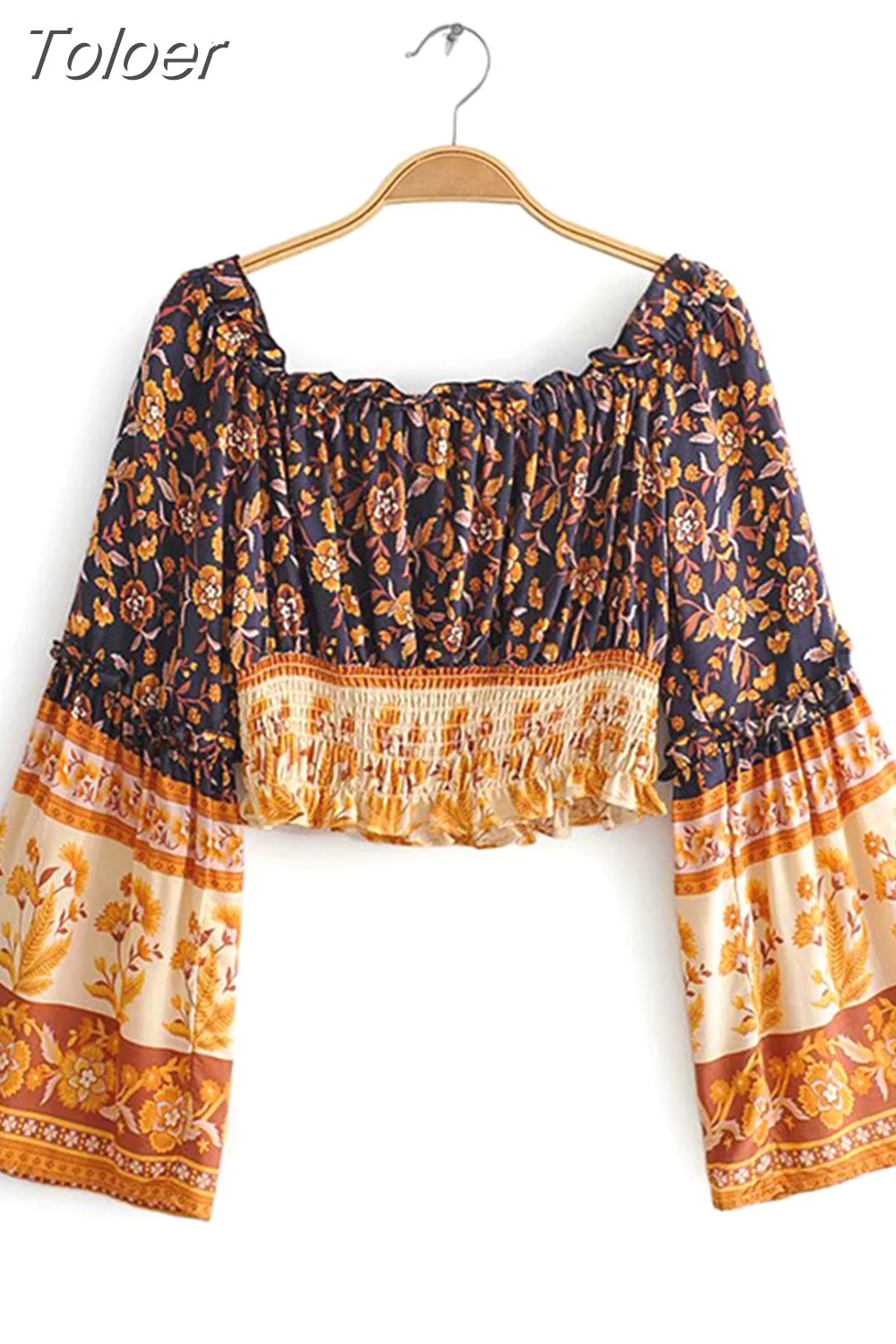 deanwangkt Fashion Boho Vacation Summer Print Women One-Word Collar Flared Sleeve Short Blouses Crop Top + High-Waist Wide-Leg Pants - Deanwangkt