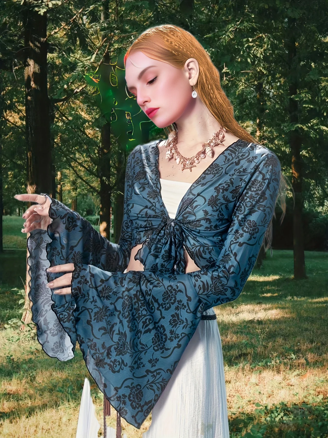 deanwangkt-1 Floral Pattern Tie Front Crop Top, Casual Long Sleeve Top For Spring & Summer, Women's Clothing - Deanwangkt