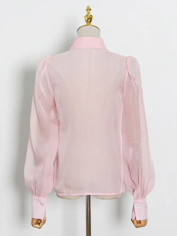 deanwangkt Casual Solid Shirt For Women Lapel Long Sleeve Patchwork Feathers Button Through Blouse Female Fashion Clothing New - Deanwangkt