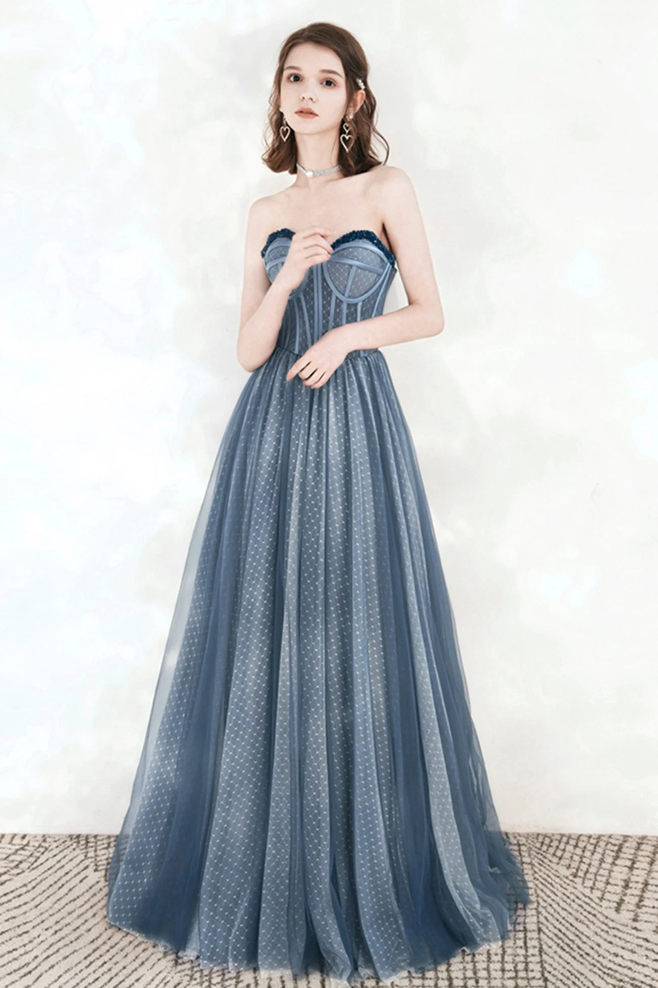 solvbao Blue Tulle Strapless Long Prom Dresses, A-Line Formal Evening Dresses - Deanwangkt