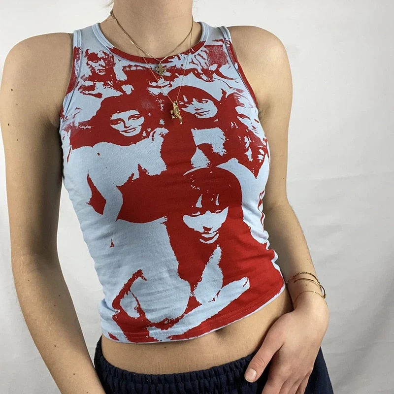 Y2K Aesthetic Gothic Tank Top Harajuku Hip Hop Graphic Print Sleeveless Crop Top Women Summer Slim Fit Mini Vest Streetwear - Deanwangkt