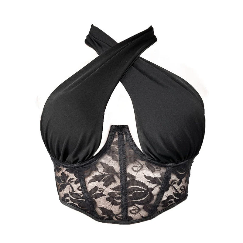 deanwangkt Sexy Lace Spliced Cross Halter Bustiers Crop Tops Women Cut Out Plunge V Tank Tops Party Club Summer Backless Vest - Deanwangkt