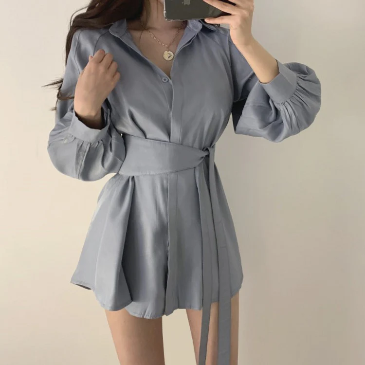 deanwangkt Women White Long Shirts Shorts Two Piece Sets Lantern Sleeve Belt Blouse + Mini Pant Suits  Summer Fashion OL Clothing Set - Deanwangkt