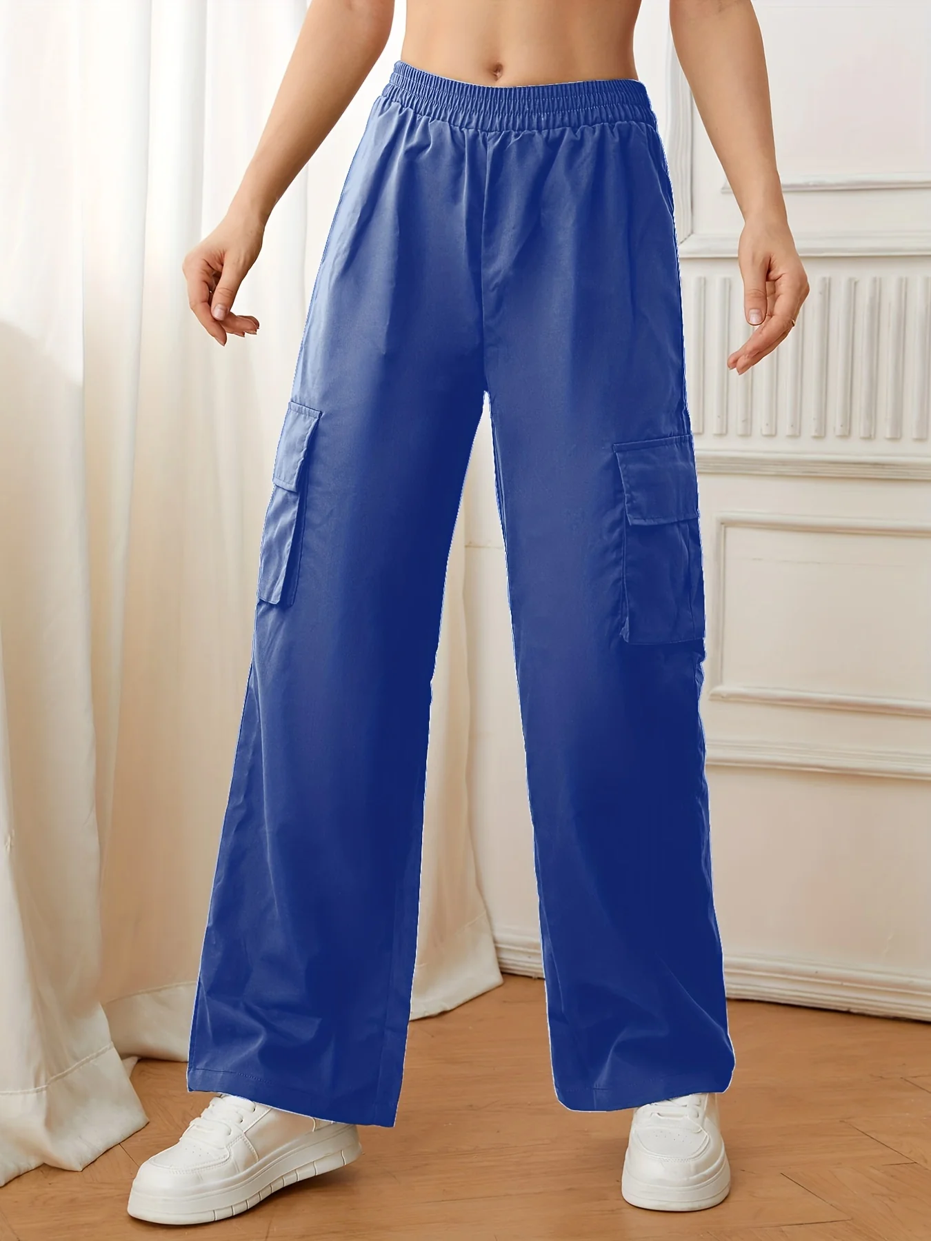 deanwangkt-1  Flap Pockets Straight Leg Cargo Pants, Casual High Waist Pants, Women's Clothing - Deanwangkt