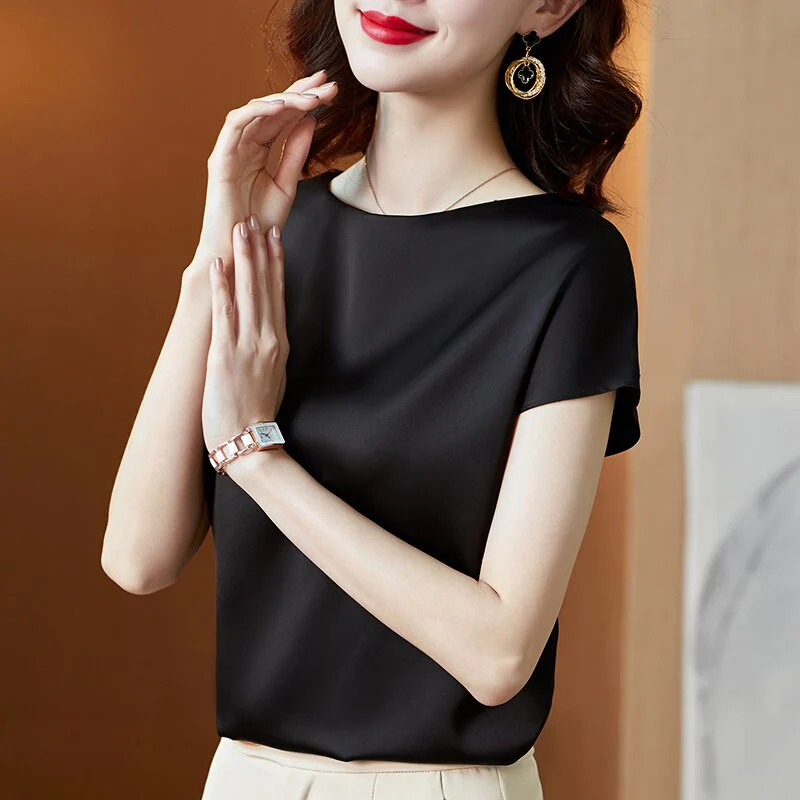 Graduation Gifts  Office Lady Tops Summer Short Sleeve Blouses Satin Blouse Women Shirts Fashion Simple Solid Plus Size Loose Shirt Blusas - Deanwangkt